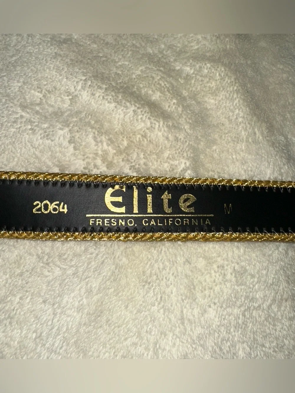 Vintage 80s Elite Fresno CA Woven Striped Belt Gold Statement Buckle Medium M